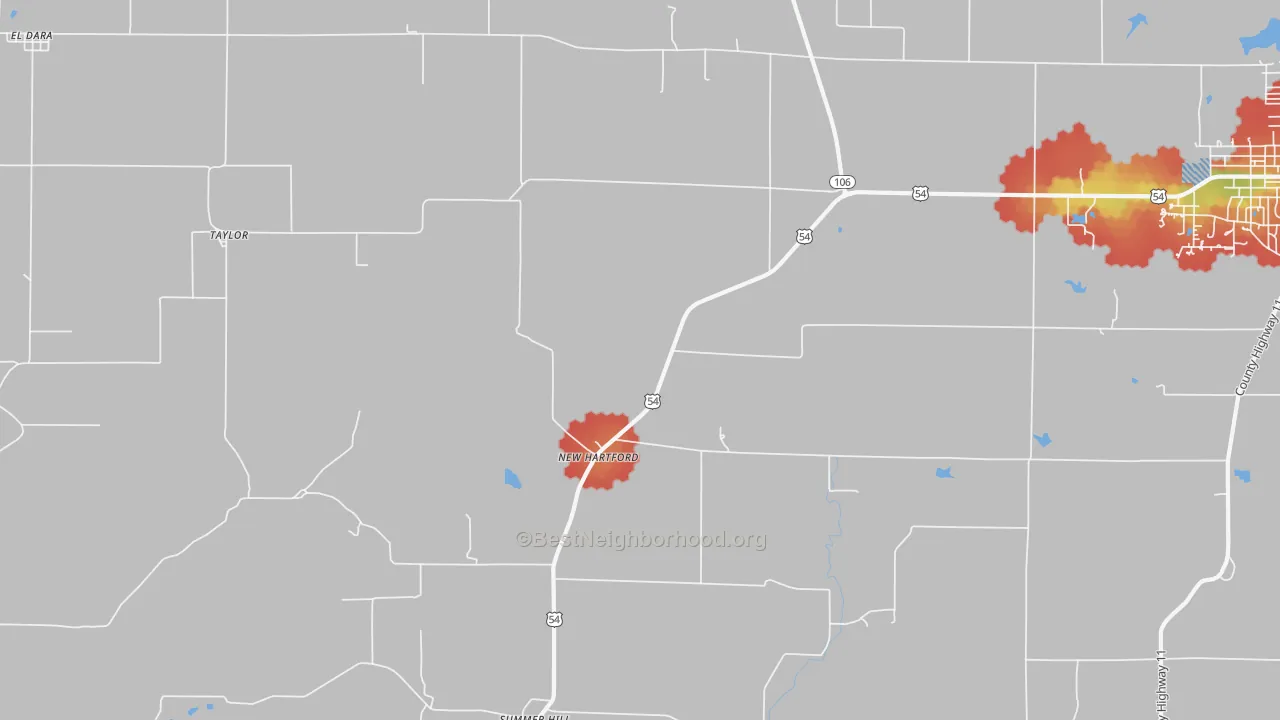 Walk Grade map of New Hartford, IL, walkable areas in green and car-dependent areas in red