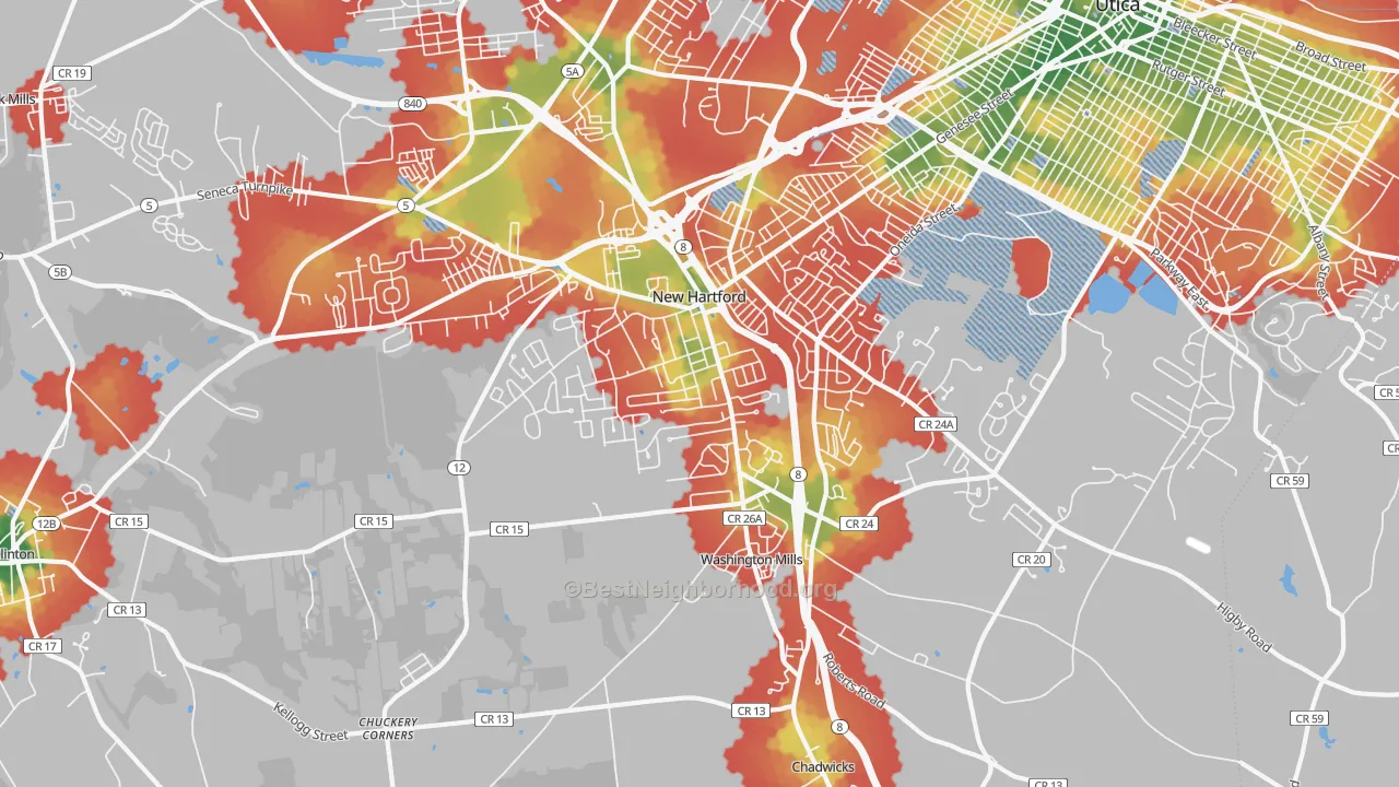 Walk Grade map of New Hartford, NY, walkable areas in green and car-dependent areas in red