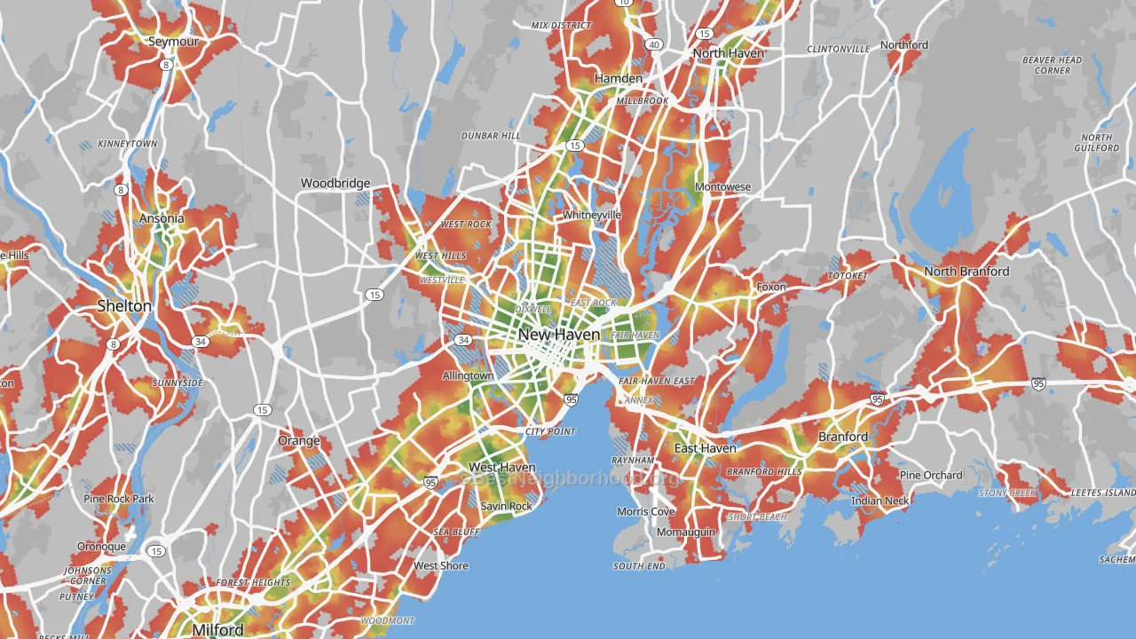 Walk Grade map of New Haven, CT, walkable areas in green and car-dependent areas in red