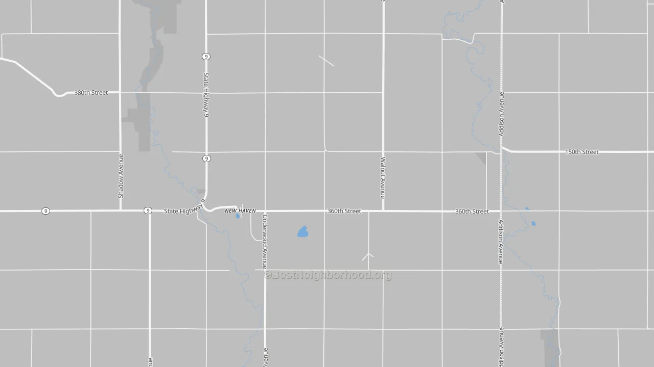 Walk Grade map of New Haven, IA, walkable areas in green and car-dependent areas in red