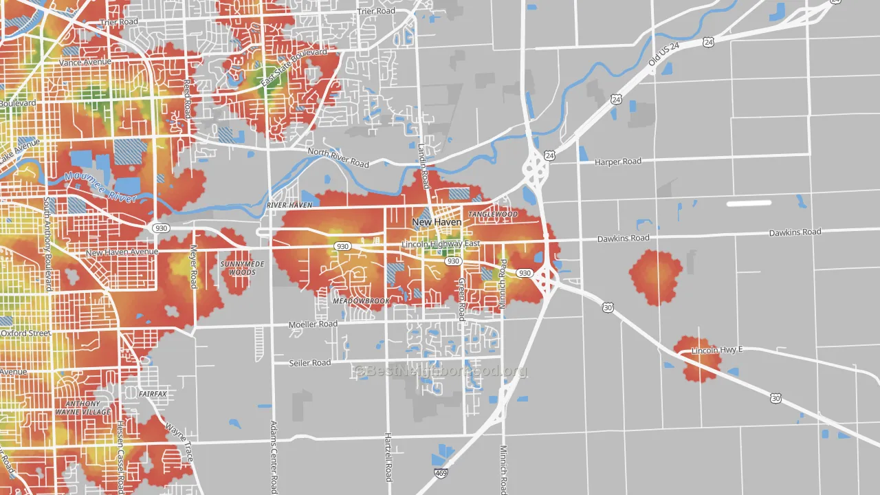 Walk Grade map of New Haven, IN, walkable areas in green and car-dependent areas in red