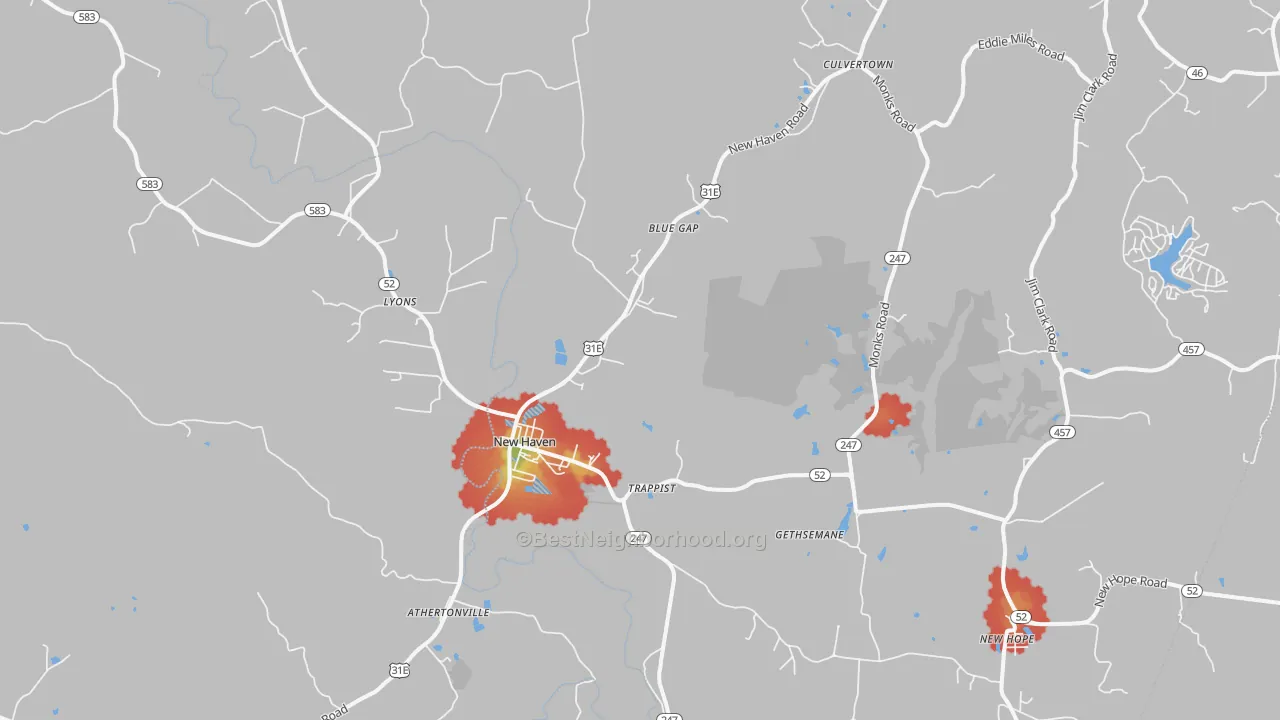 Walk Grade map of New Haven, KY, walkable areas in green and car-dependent areas in red