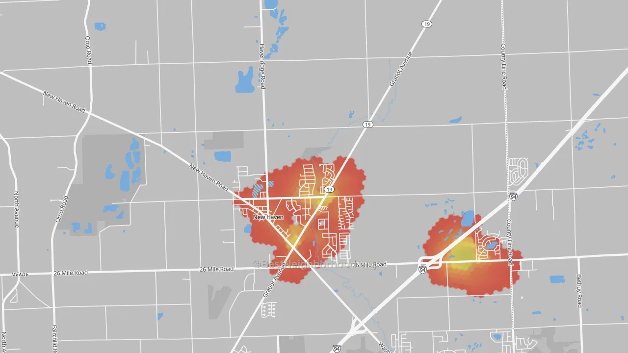 Walk Grade map of New Haven, MI, walkable areas in green and car-dependent areas in red