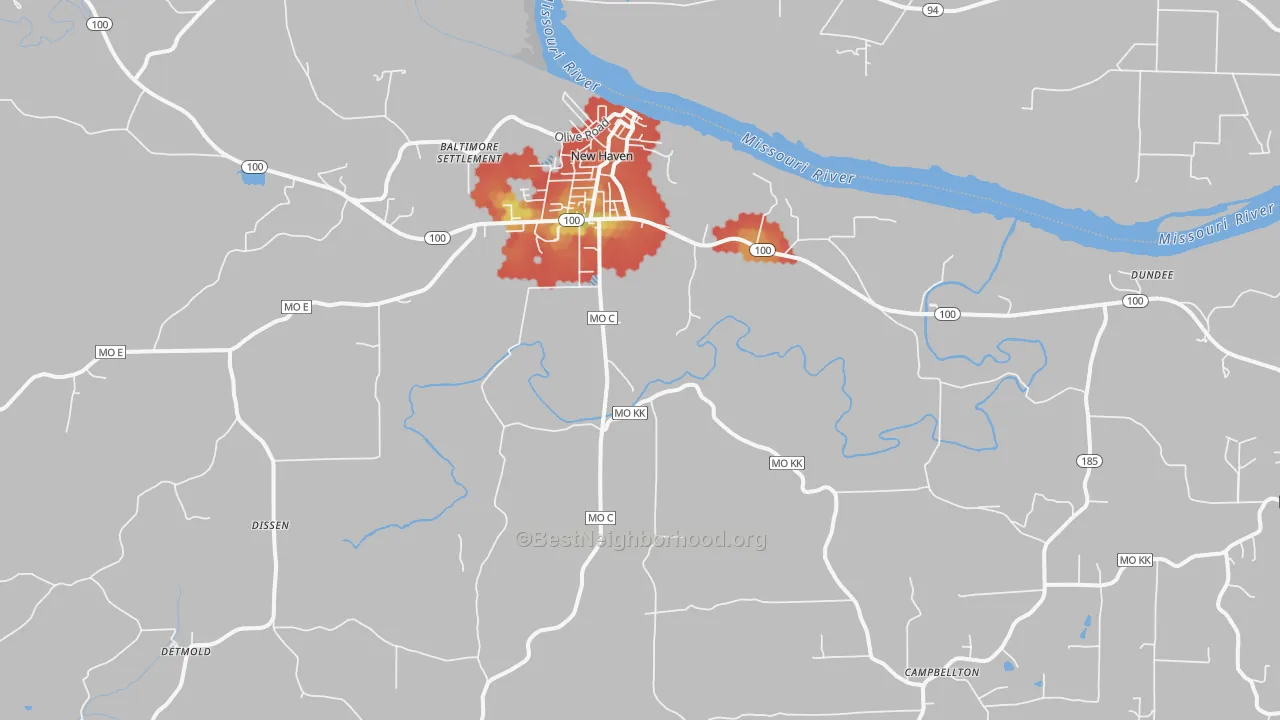 Walk Grade map of New Haven, MO, walkable areas in green and car-dependent areas in red