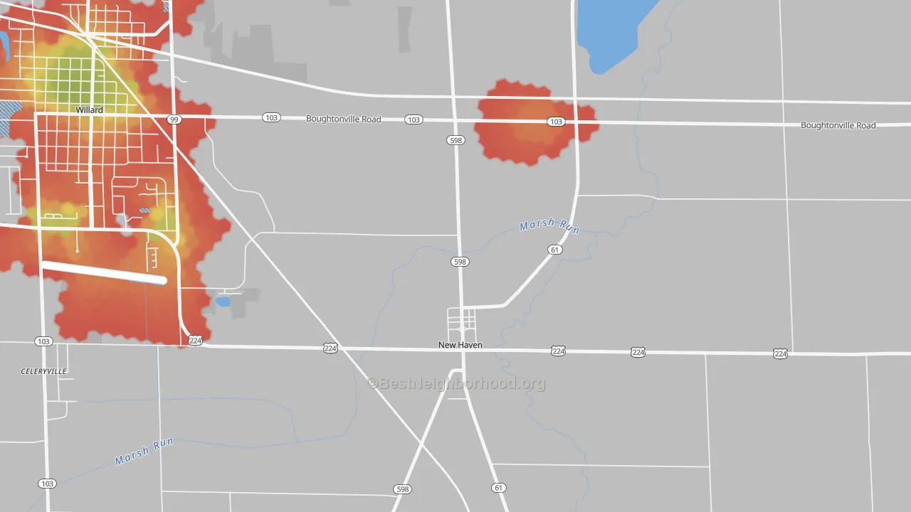 Walk Grade map of New Haven, OH, walkable areas in green and car-dependent areas in red