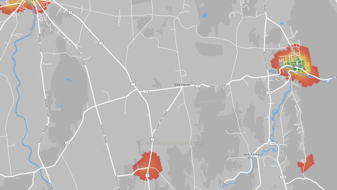 Walk Grade map of New Haven, VT, walkable areas in green and car-dependent areas in red