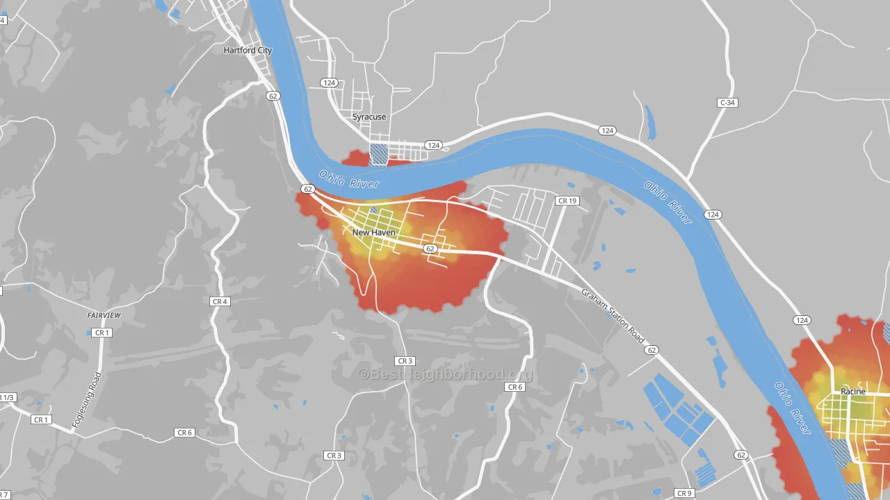 Walk Grade map of New Haven, WV, walkable areas in green and car-dependent areas in red