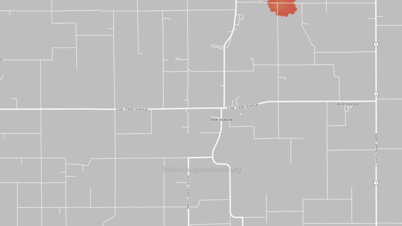 Walk Grade map of New Hebron, IL, walkable areas in green and car-dependent areas in red