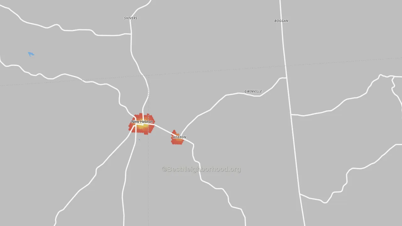 Walk Grade map of New Hebron, MS, walkable areas in green and car-dependent areas in red