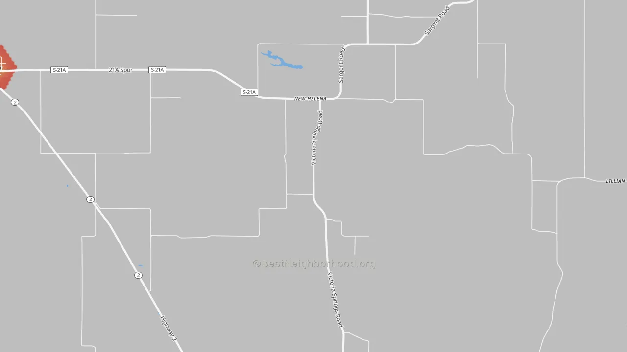Walk Grade map of New Helena, NE, walkable areas in green and car-dependent areas in red
