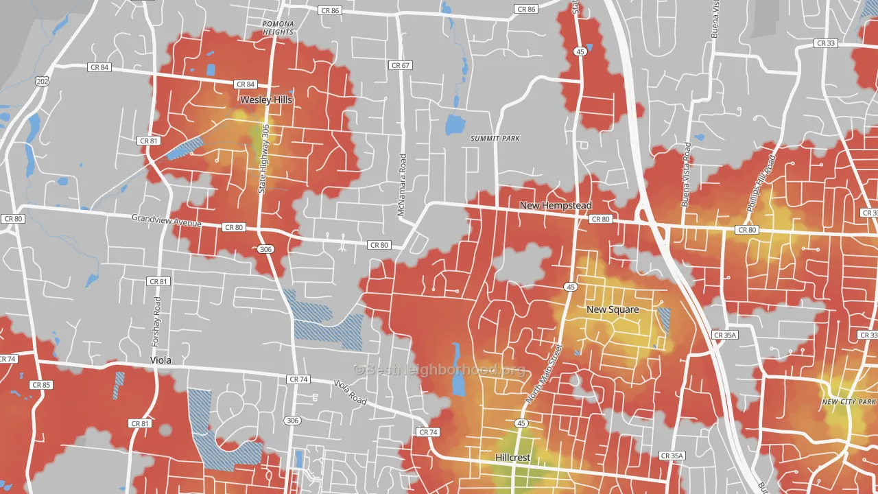Walk Grade map of New Hempstead, NY, walkable areas in green and car-dependent areas in red