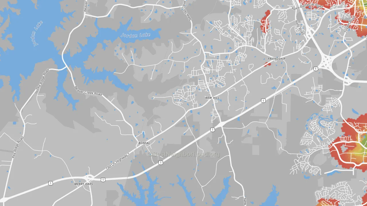 Walk Grade map of New Hill, NC, walkable areas in green and car-dependent areas in red