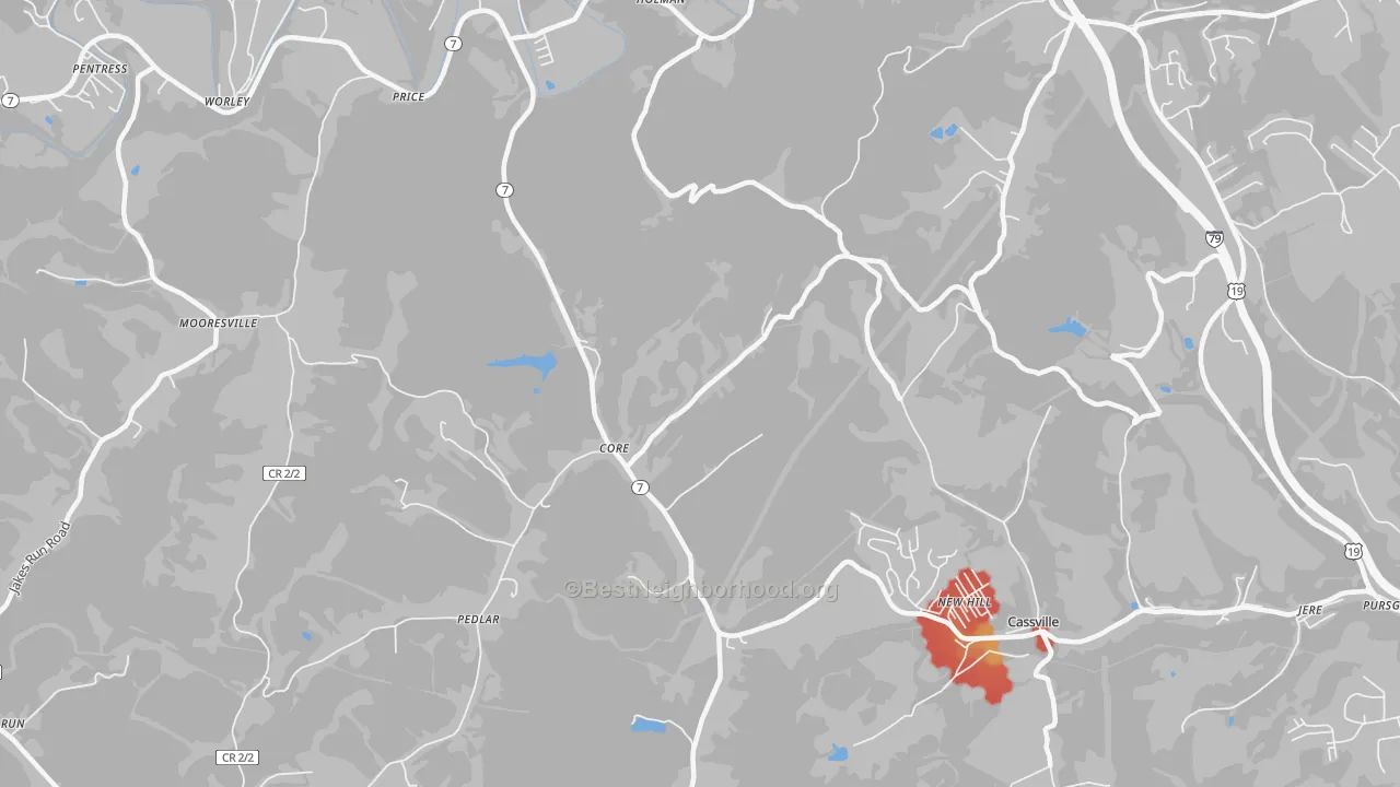 Walk Grade map of New Hill, WV, walkable areas in green and car-dependent areas in red