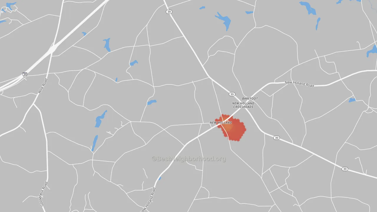 Walk Grade map of New Holland Crossroads, SC, walkable areas in green and car-dependent areas in red