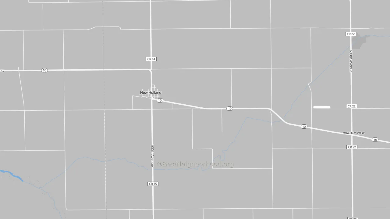 Walk Grade map of New Holland, IL, walkable areas in green and car-dependent areas in red