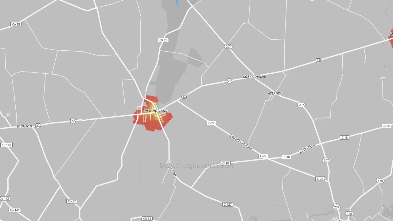 Walk Grade map of New Holland, OH, walkable areas in green and car-dependent areas in red