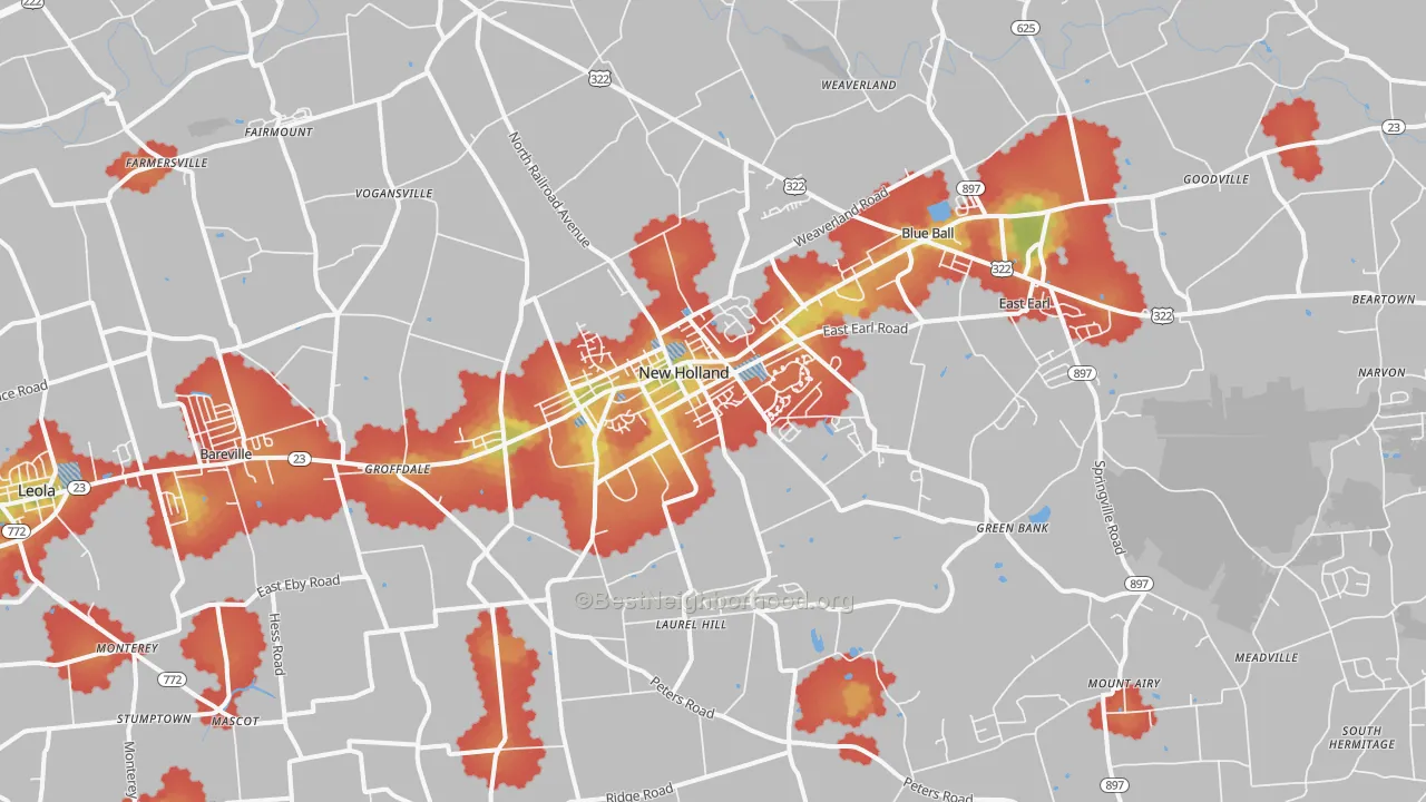 Walk Grade map of New Holland, PA, walkable areas in green and car-dependent areas in red