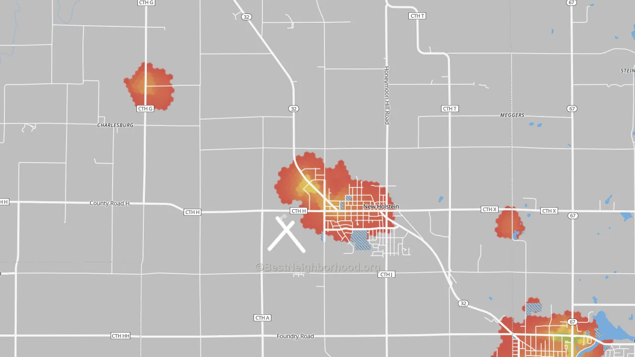 Walk Grade map of New Holstein, WI, walkable areas in green and car-dependent areas in red