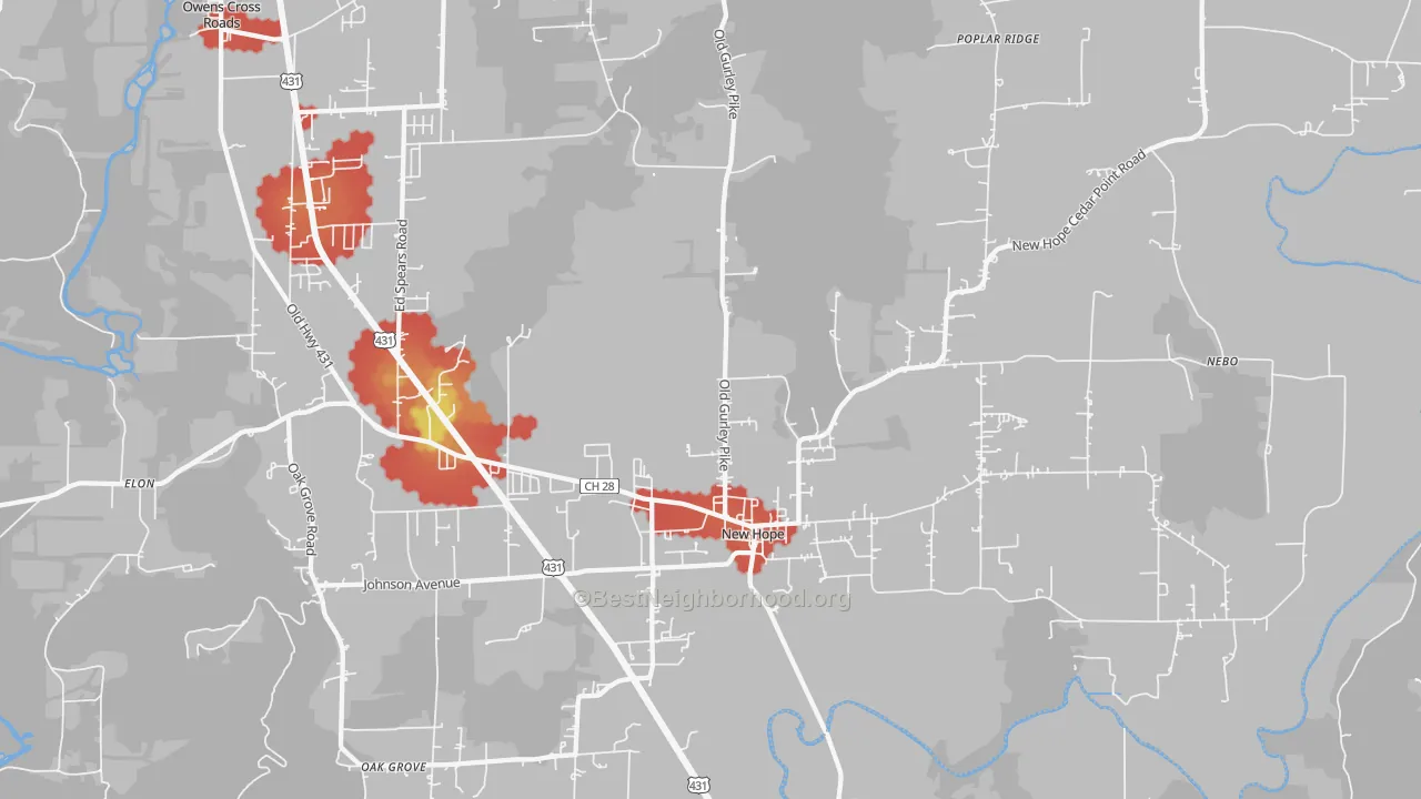 Walk Grade map of New Hope, AL, walkable areas in green and car-dependent areas in red