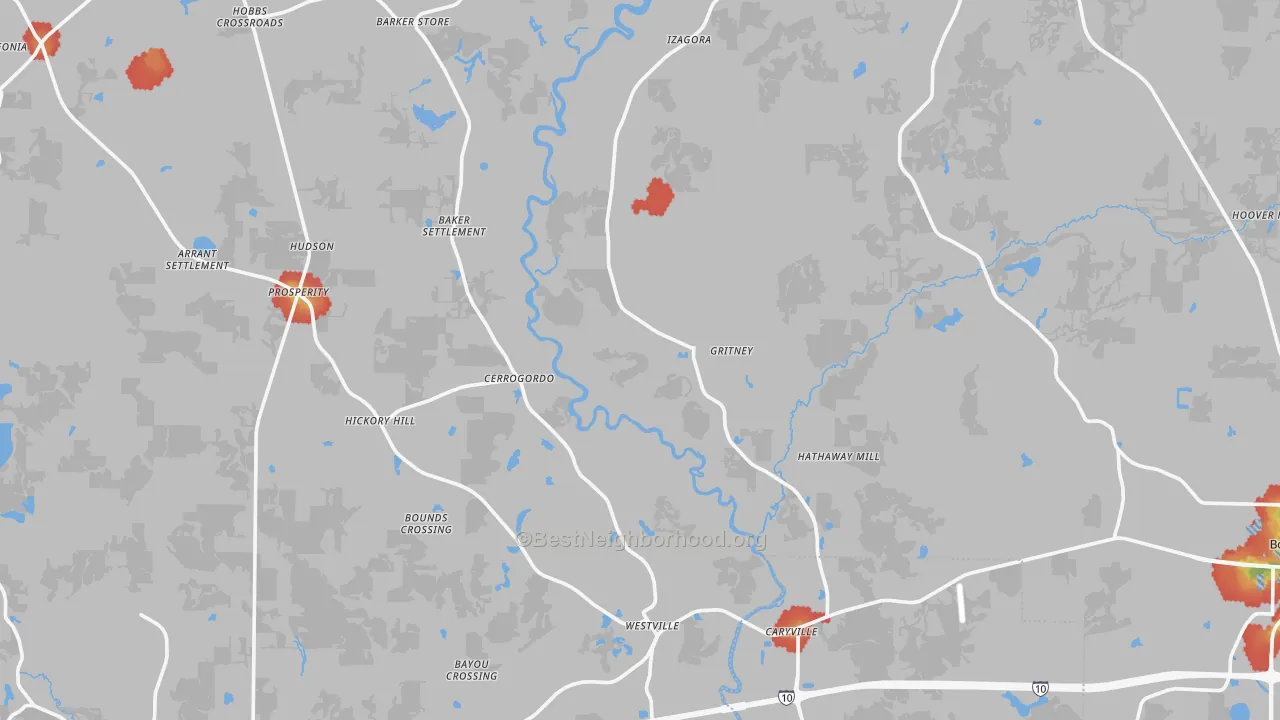 Walk Grade map of New Hope, FL, walkable areas in green and car-dependent areas in red