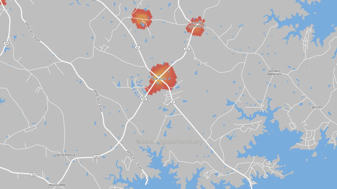Walk Grade map of New Hope, GA, walkable areas in green and car-dependent areas in red