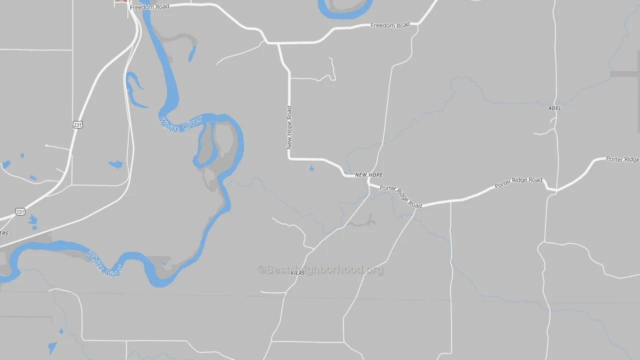 Walk Grade map of New Hope, IN, walkable areas in green and car-dependent areas in red