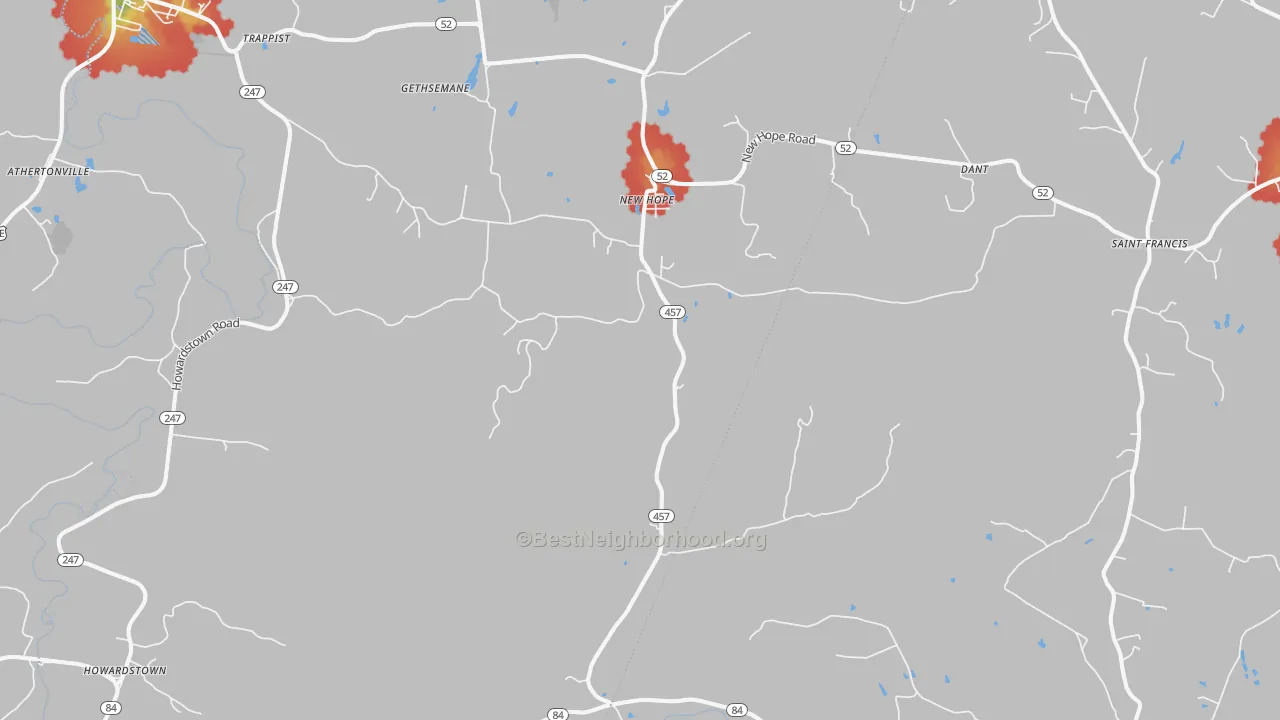 Walk Grade map of New Hope, KY, walkable areas in green and car-dependent areas in red