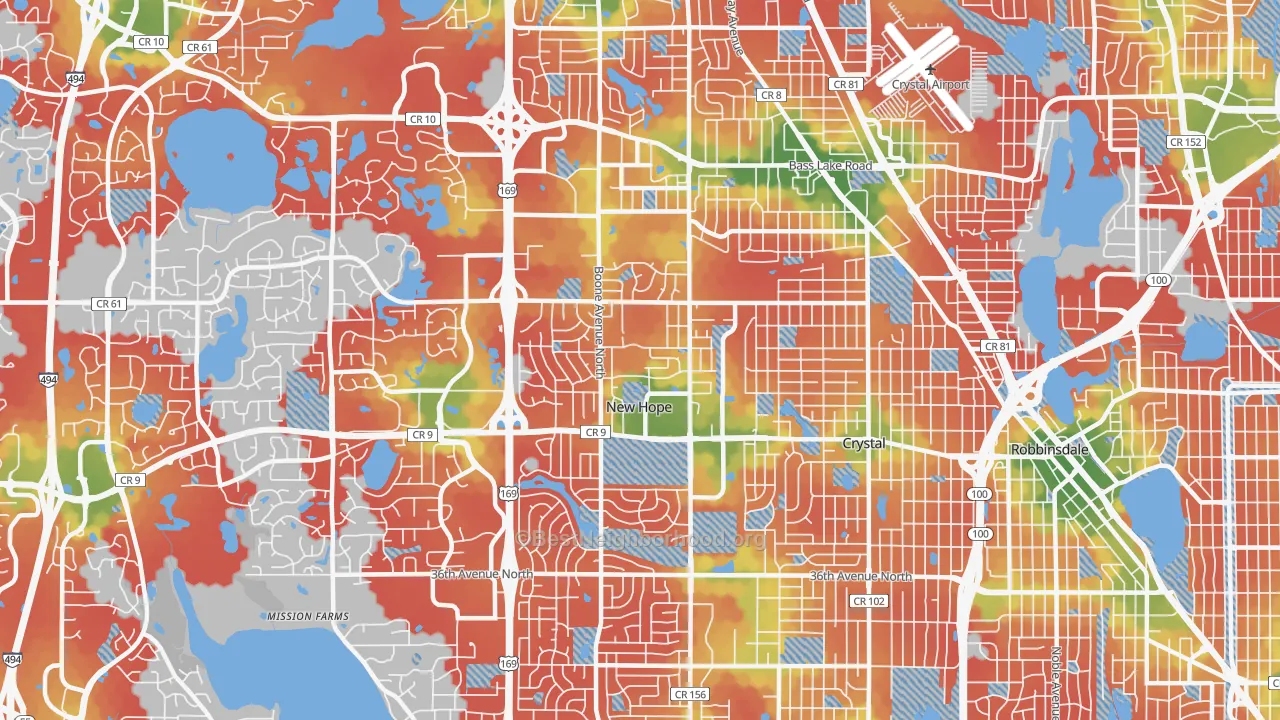 Walk Grade map of New Hope, MN, walkable areas in green and car-dependent areas in red