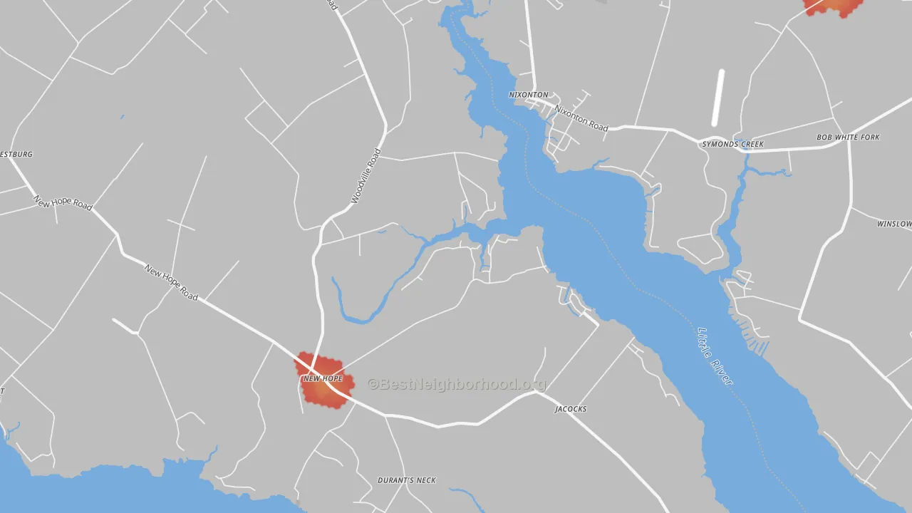 Walk Grade map of New Hope, NC, walkable areas in green and car-dependent areas in red