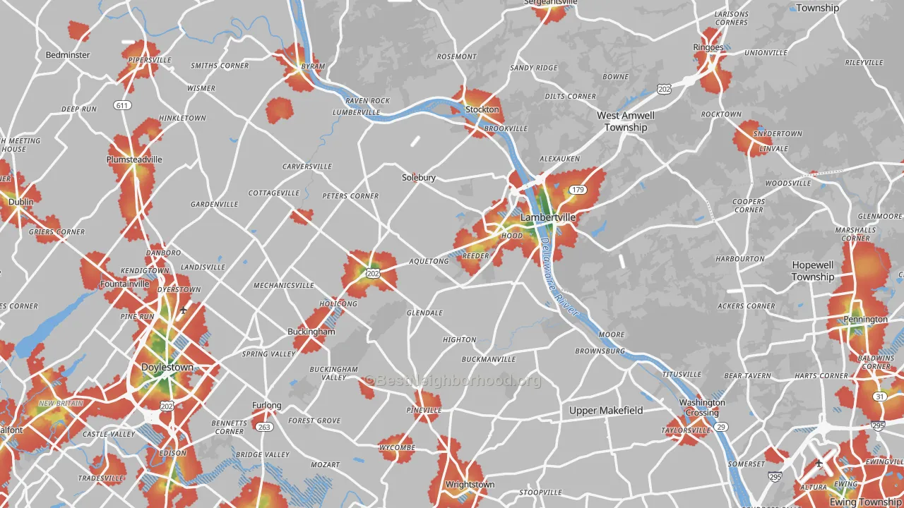Walk Grade map of New Hope, PA, walkable areas in green and car-dependent areas in red