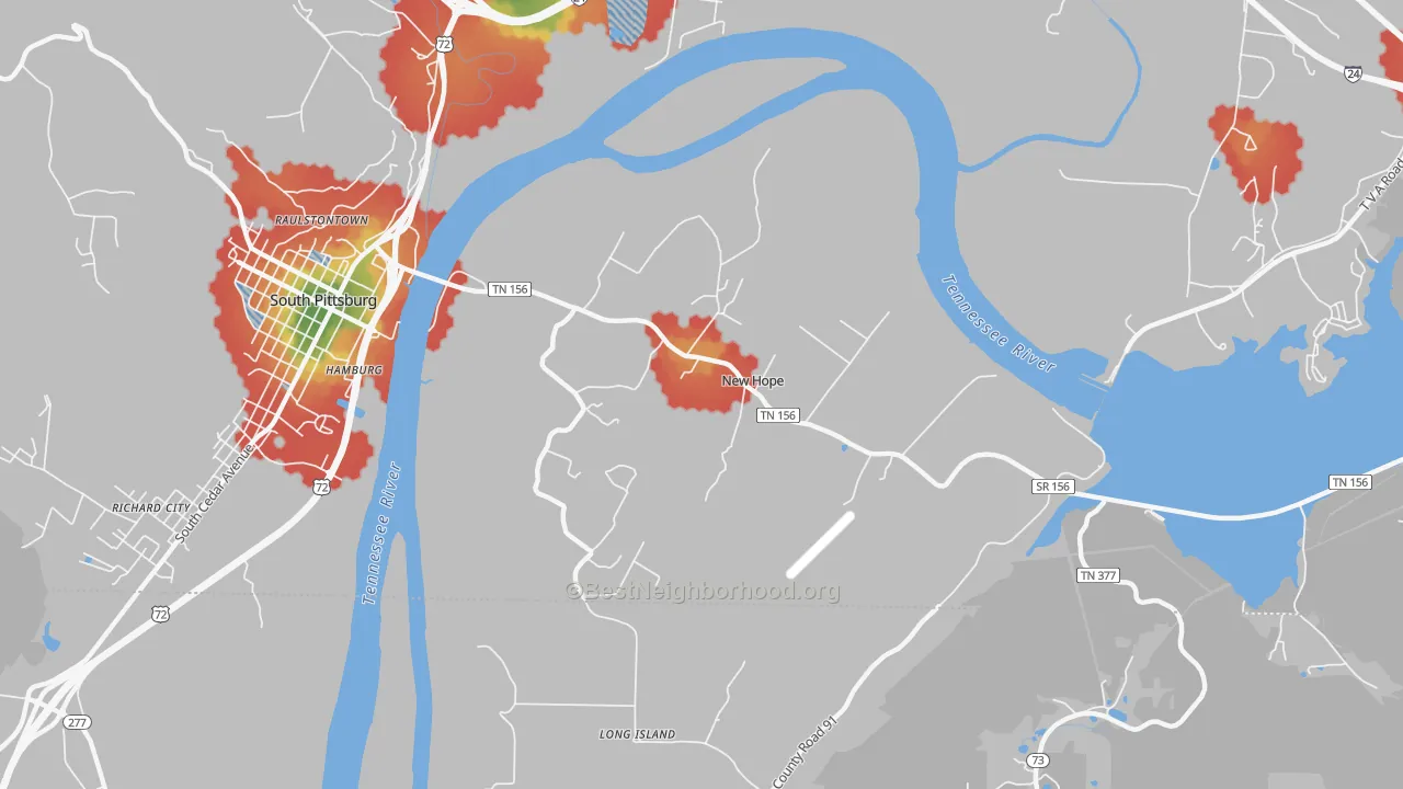 Walk Grade map of New Hope, TN, walkable areas in green and car-dependent areas in red