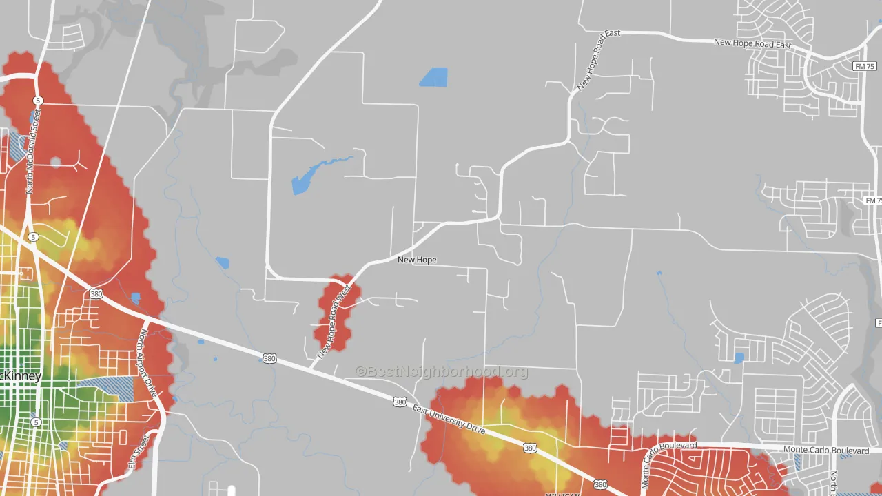 Walk Grade map of New Hope, TX, walkable areas in green and car-dependent areas in red