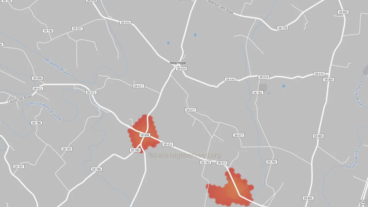 Walk Grade map of New Hope, VA, walkable areas in green and car-dependent areas in red