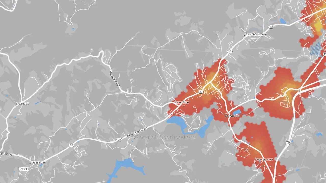 Walk Grade map of New Hope, WV, walkable areas in green and car-dependent areas in red