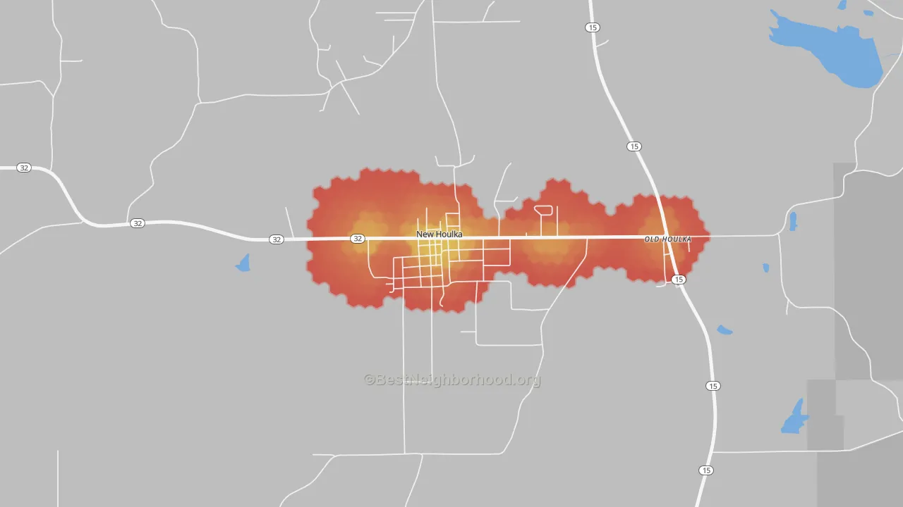 Walk Grade map of New Houlka, MS, walkable areas in green and car-dependent areas in red