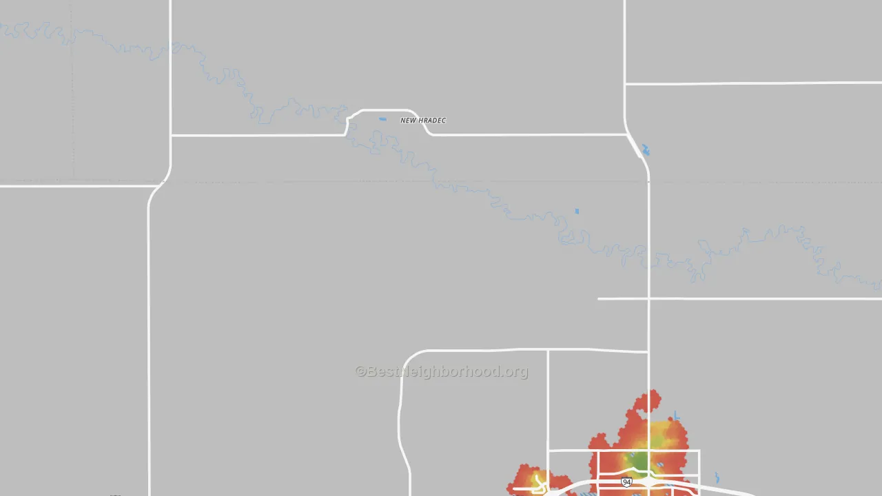 Walk Grade map of New Hradec, ND, walkable areas in green and car-dependent areas in red