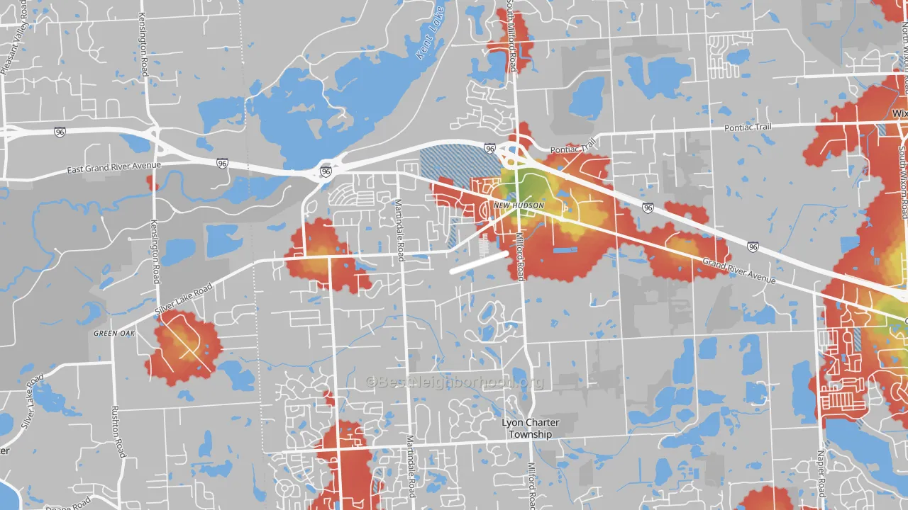 Walk Grade map of New Hudson, MI, walkable areas in green and car-dependent areas in red