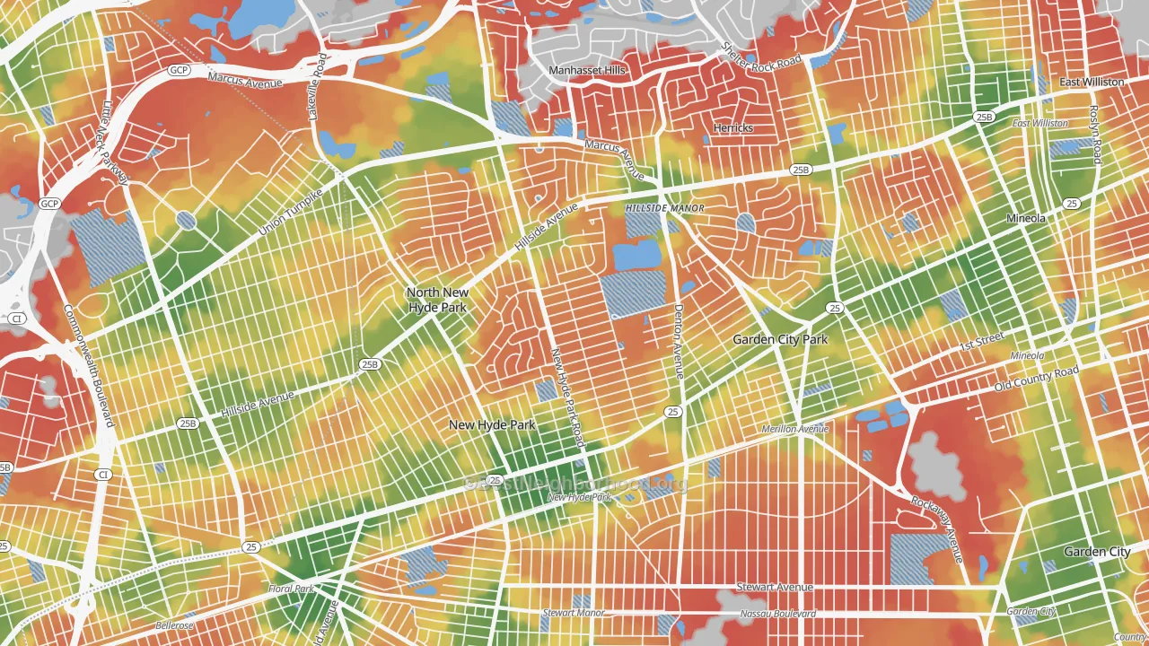 Walk Grade map of New Hyde Park, NY, walkable areas in green and car-dependent areas in red