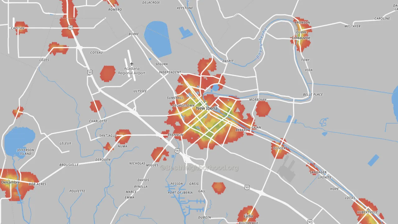 Walk Grade map of New Iberia, LA, walkable areas in green and car-dependent areas in red