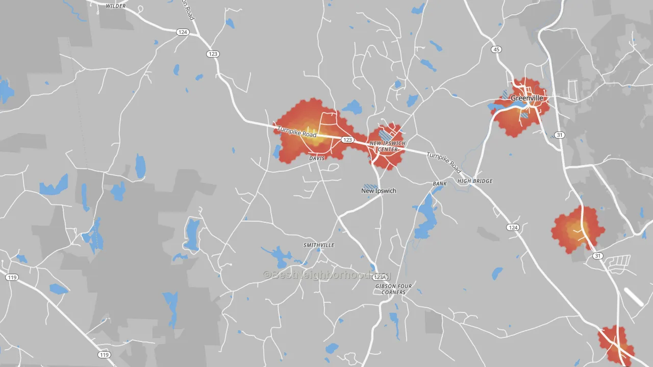 Walk Grade map of New Ipswich, NH, walkable areas in green and car-dependent areas in red