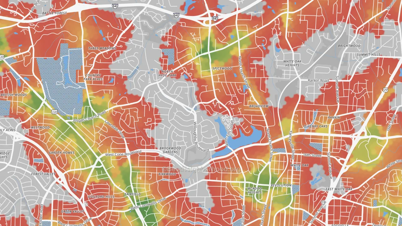 Walk Grade map of New Irving Park, Greensboro, NC, walkable areas in green and car-dependent areas in red