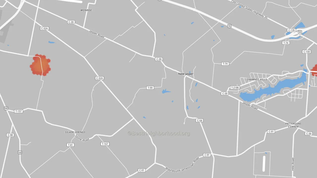 Walk Grade map of New Jasper, OH, walkable areas in green and car-dependent areas in red