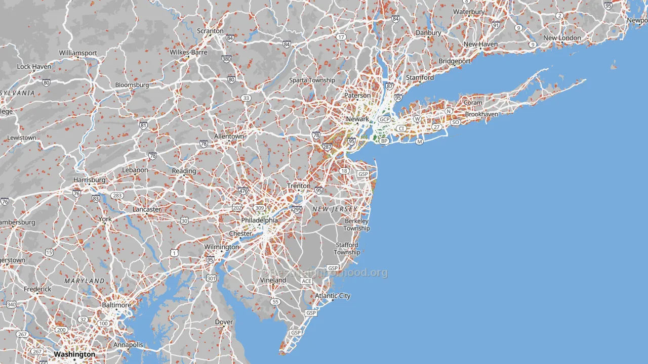 Walk Grade map of New Jersey, walkable areas in green and car-dependent areas in red