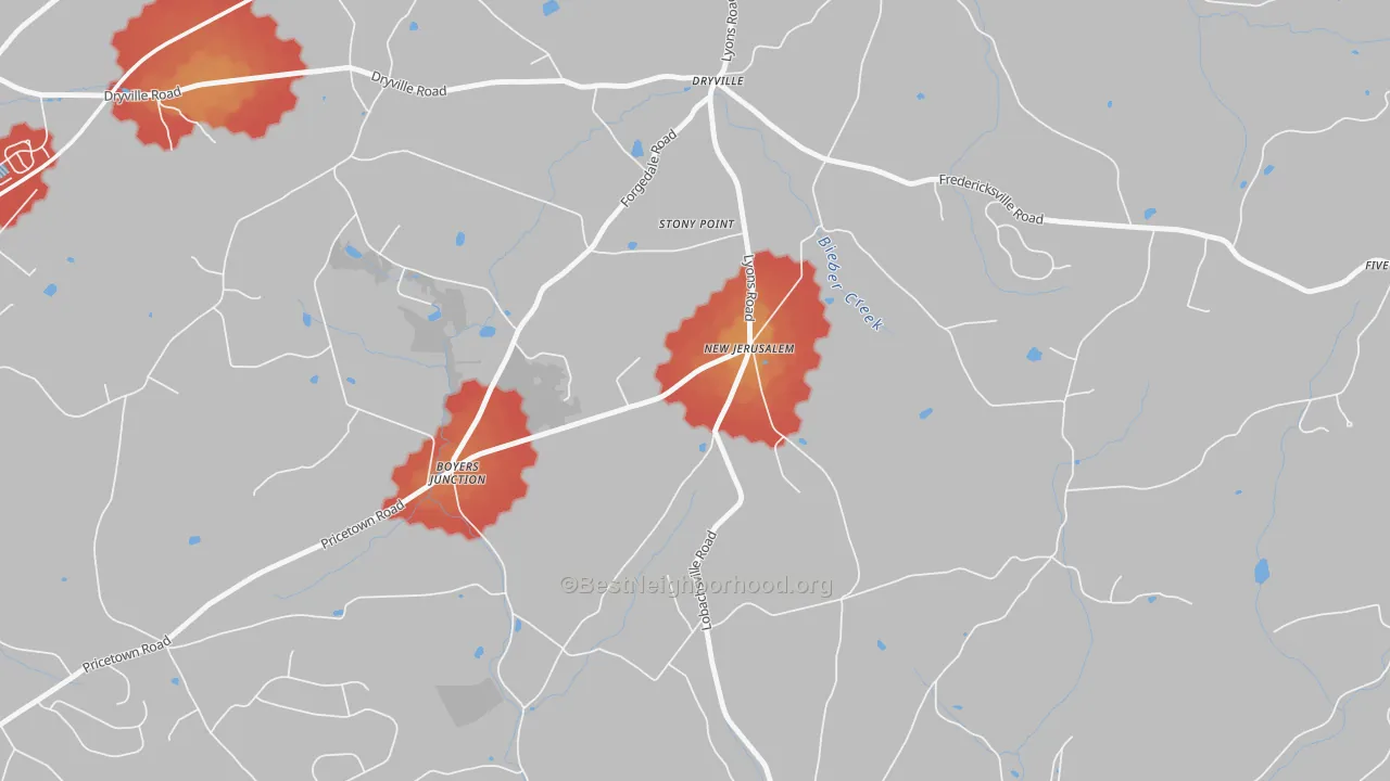 Walk Grade map of New Jerusalem, PA, walkable areas in green and car-dependent areas in red