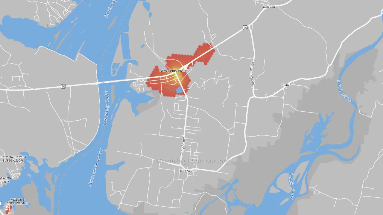 Walk Grade map of New Johnsonville, TN, walkable areas in green and car-dependent areas in red