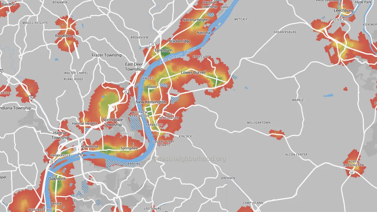 Walk Grade map of New Kensington, PA, walkable areas in green and car-dependent areas in red