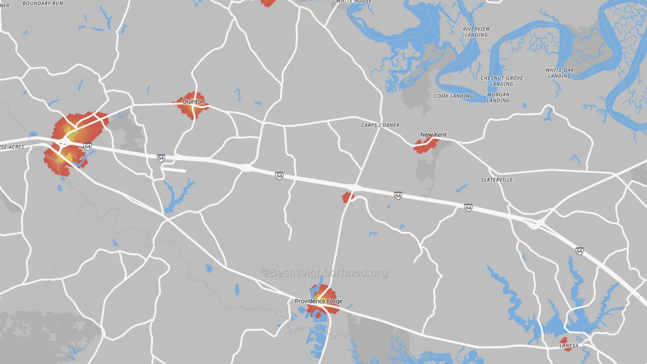 Walk Grade map of New Kent County, VA, walkable areas in green and car-dependent areas in red