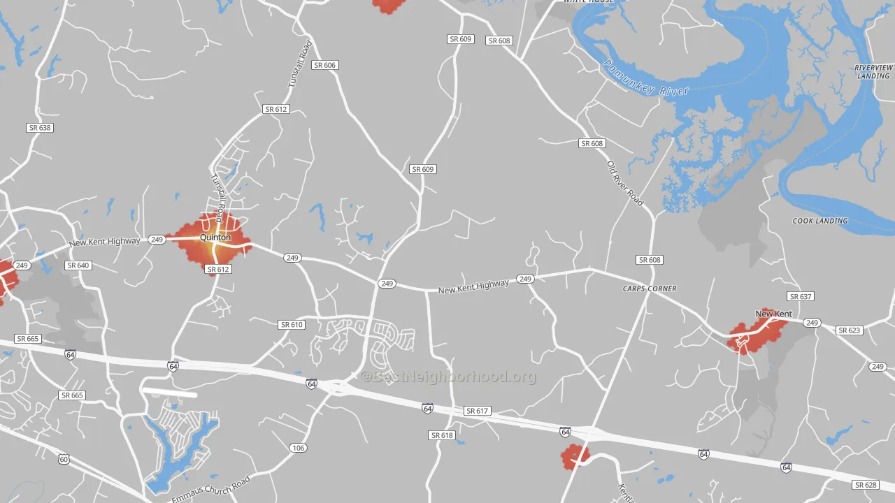Walk Grade map of New Kent, VA, walkable areas in green and car-dependent areas in red