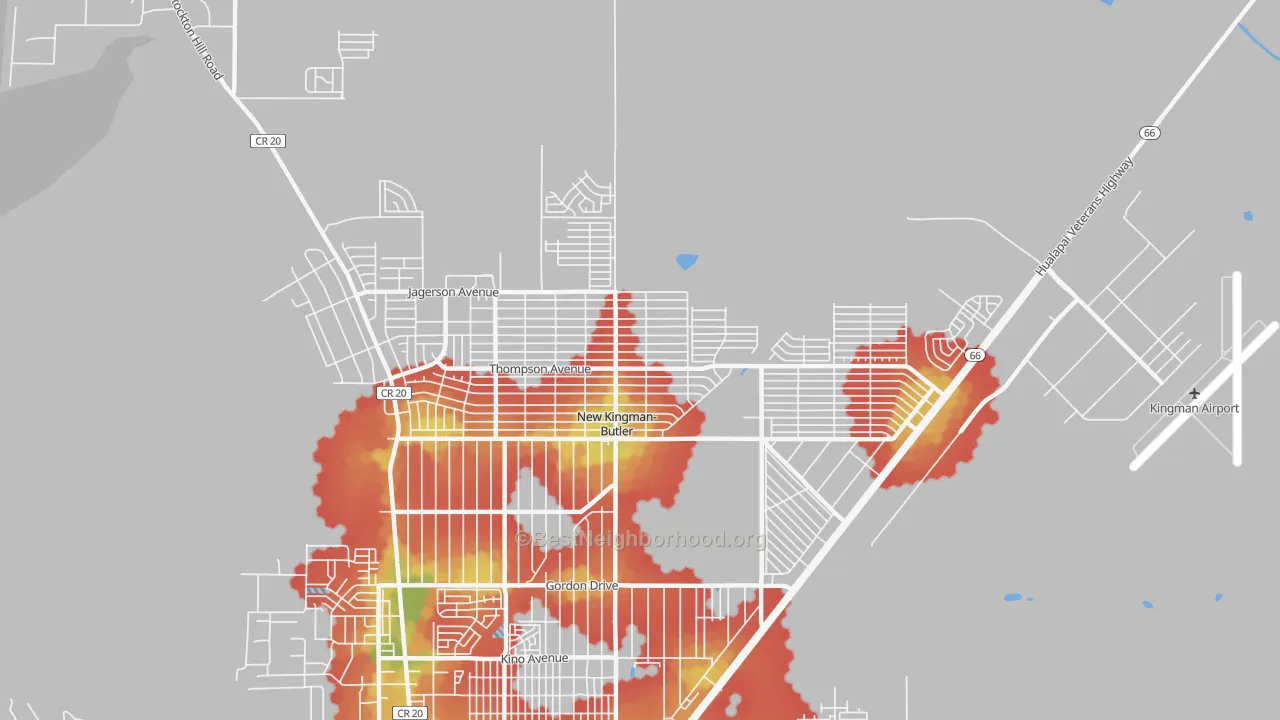 Walk Grade map of New Kingman-Butler, AZ, walkable areas in green and car-dependent areas in red