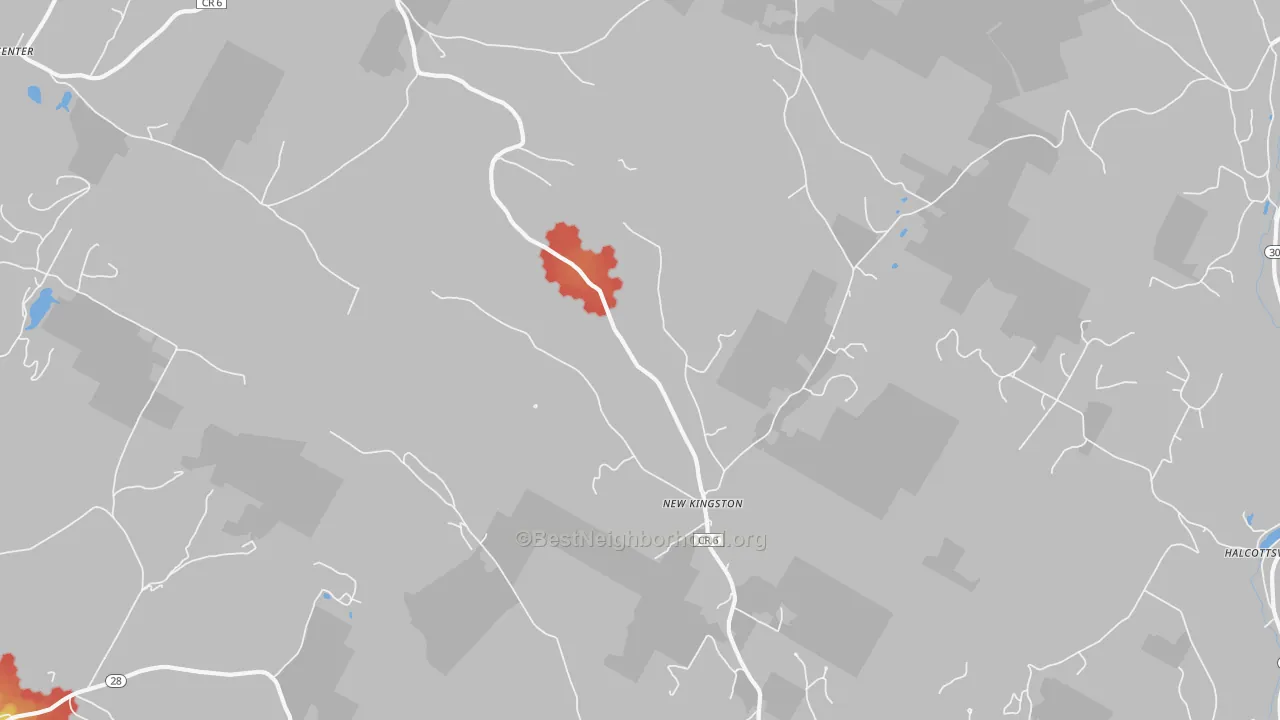 Walk Grade map of New Kingston, NY, walkable areas in green and car-dependent areas in red